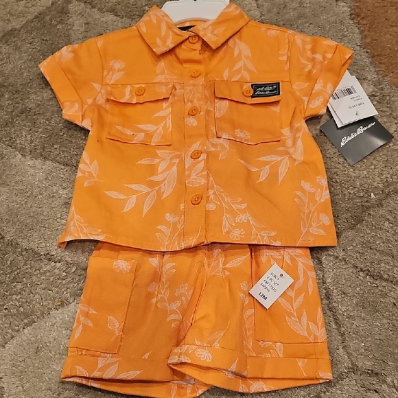 Eddie Bauer Orange Leaf Print Shirt and Shorts Set - Picture 1 of 1